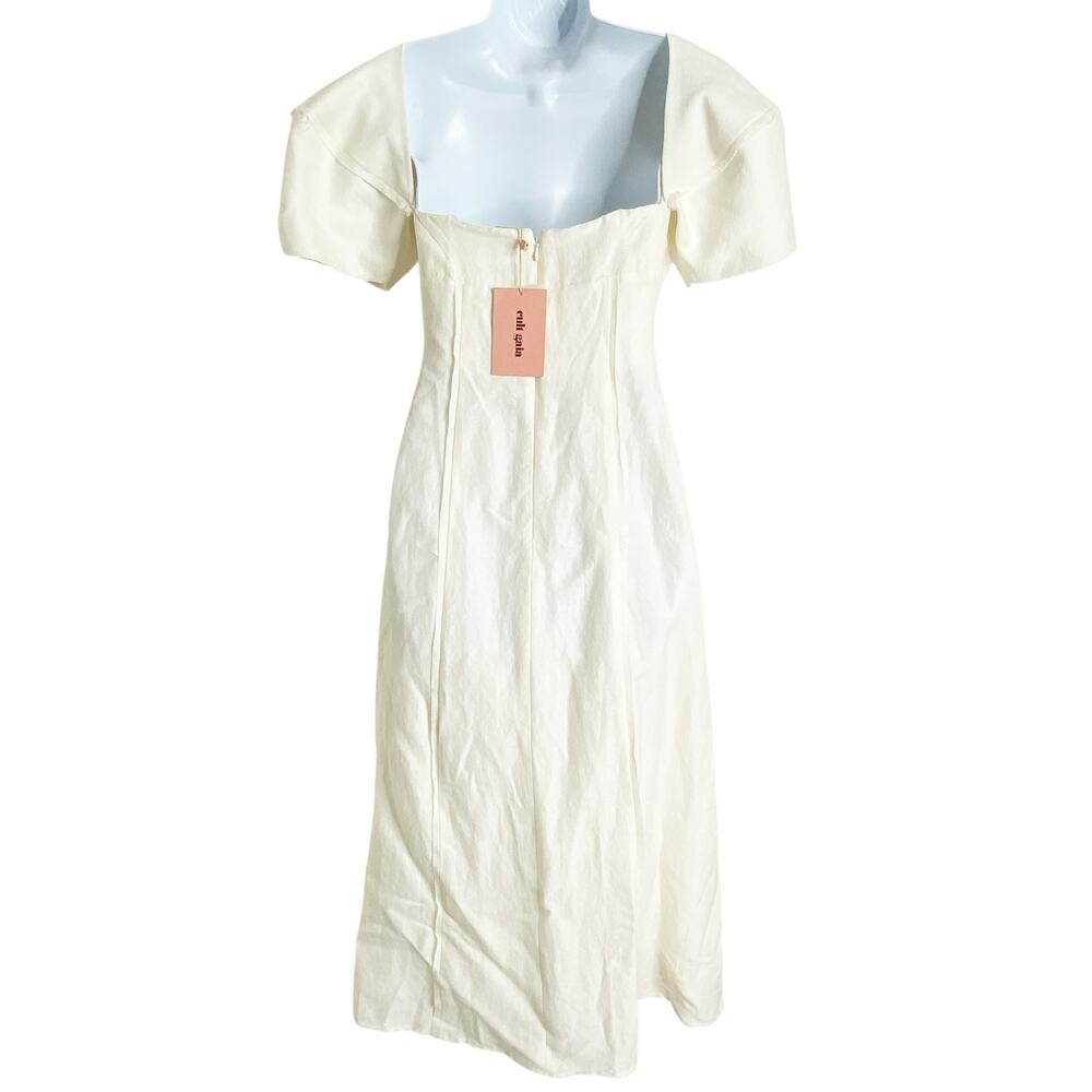 NWT Cult Gaia Muna Linen Raw Edge Cream Puff Sleeve Midi Dress 2 - Picture 7 of 9